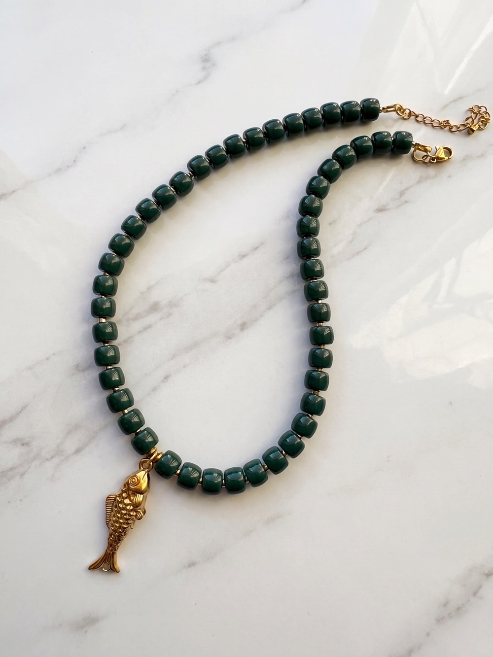 Gold Fish Pendant Pine Green Beaded Necklace